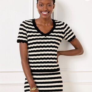 TALBOTS POINTELLE STRIPE SHORT SLEEVE SWEATER